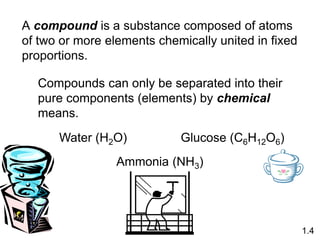 A compound is a substance composed of atoms
of two or more elements chemically united in fixed
proportions.
Compounds can only be separated into their
pure components (elements) by chemical
means.
1.4
Water (H2O) Glucose (C6H12O6)
Ammonia (NH3)
 