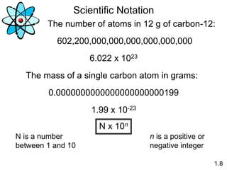 1.8
Scientific Notation
The number of atoms in 12 g of carbon-12:
602,200,000,000,000,000,000,000
6.022 x 1023
The mass of a single carbon atom in grams:
0.0000000000000000000000199
1.99 x 10-23
N x 10n
N is a number
between 1 and 10
n is a positive or
negative integer
 