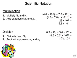 Scientific Notation
1.8
Multiplication
1. Multiply N1 and N2
2. Add exponents n1 and n2
(4.0 x 10-5) x (7.0 x 103) =
(4.0 x 7.0) x (10-5+3) =
28 x 10-2 =
2.8 x 10-1
Division
1. Divide N1 and N2
2. Subtract exponents n1 and n2
8.5 x 104 ÷ 5.0 x 109 =
(8.5 ÷ 5.0) x 104-9 =
1.7 x 10-5
 