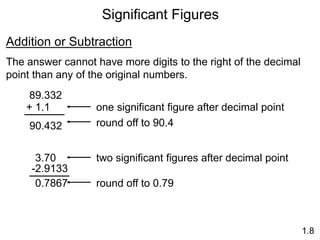 Significant Figures
1.8
Addition or Subtraction
The answer cannot have more digits to the right of the decimal
point than any of the original numbers.
89.332
1.1
+
90.432 round off to 90.4
one significant figure after decimal point
3.70
-2.9133
0.7867
two significant figures after decimal point
round off to 0.79
 