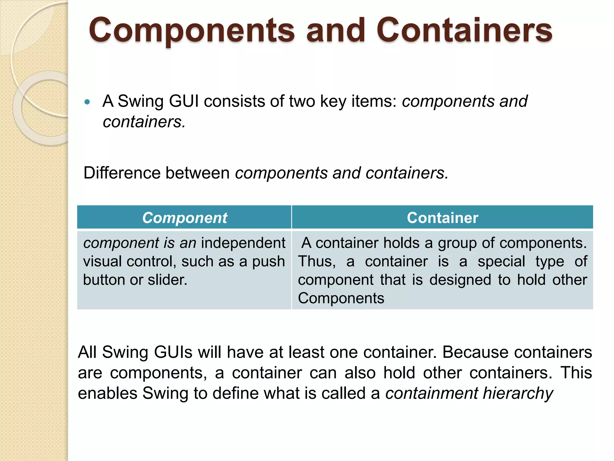 Components and Containers
 A Swing GUI consists of two key items: components and
containers.
Difference between components and containers.
Component Container
component is an independent
visual control, such as a push
button or slider.
A container holds a group of components.
Thus, a container is a special type of
component that is designed to hold other
Components
All Swing GUIs will have at least one container. Because containers
are components, a container can also hold other containers. This
enables Swing to define what is called a containment hierarchy
 
