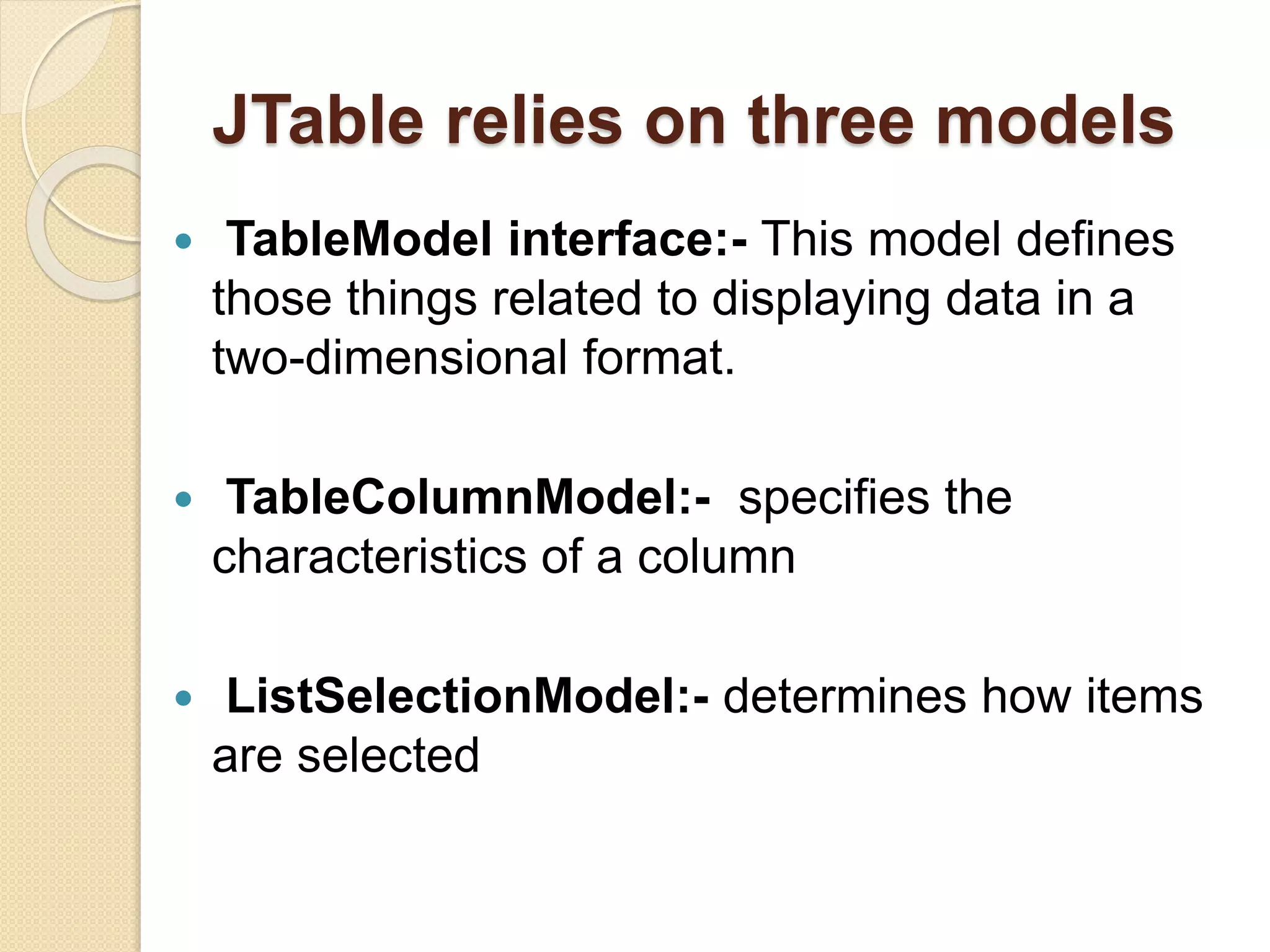 JTable relies on three models
 TableModel interface:- This model defines
those things related to displaying data in a
two-dimensional format.
 TableColumnModel:- specifies the
characteristics of a column
 ListSelectionModel:- determines how items
are selected
 