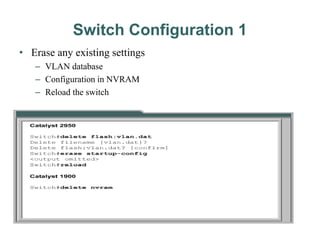 Switch Configuration 1
• Erase any existing settings
– VLAN database
– Configuration in NVRAM
– Reload the switch
 