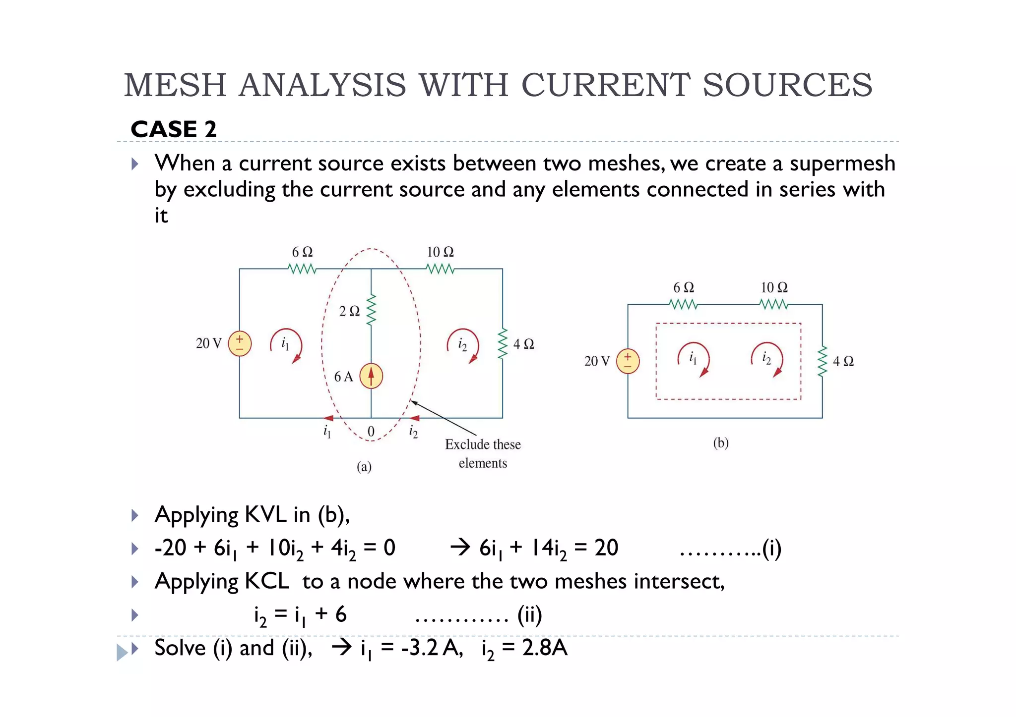 MESH ANALYSIS WITH CURRENT SOURCES
CASE 2
 When a current source exists between two meshes, we create a supermesh
 by excluding the current source and any elements connected in series with
 it




  Applying KVL in (b),
  -20 + 6i1 + 10i2 + 4i2 = 0          6i1 + 14i2 = 20 ………..(i)
  Applying KCL to a node where the two meshes intersect,
             i2 = i1 + 6       ………… (ii)
  Solve (i) and (ii),    i1 = -3.2 A, i2 = 2.8A
 