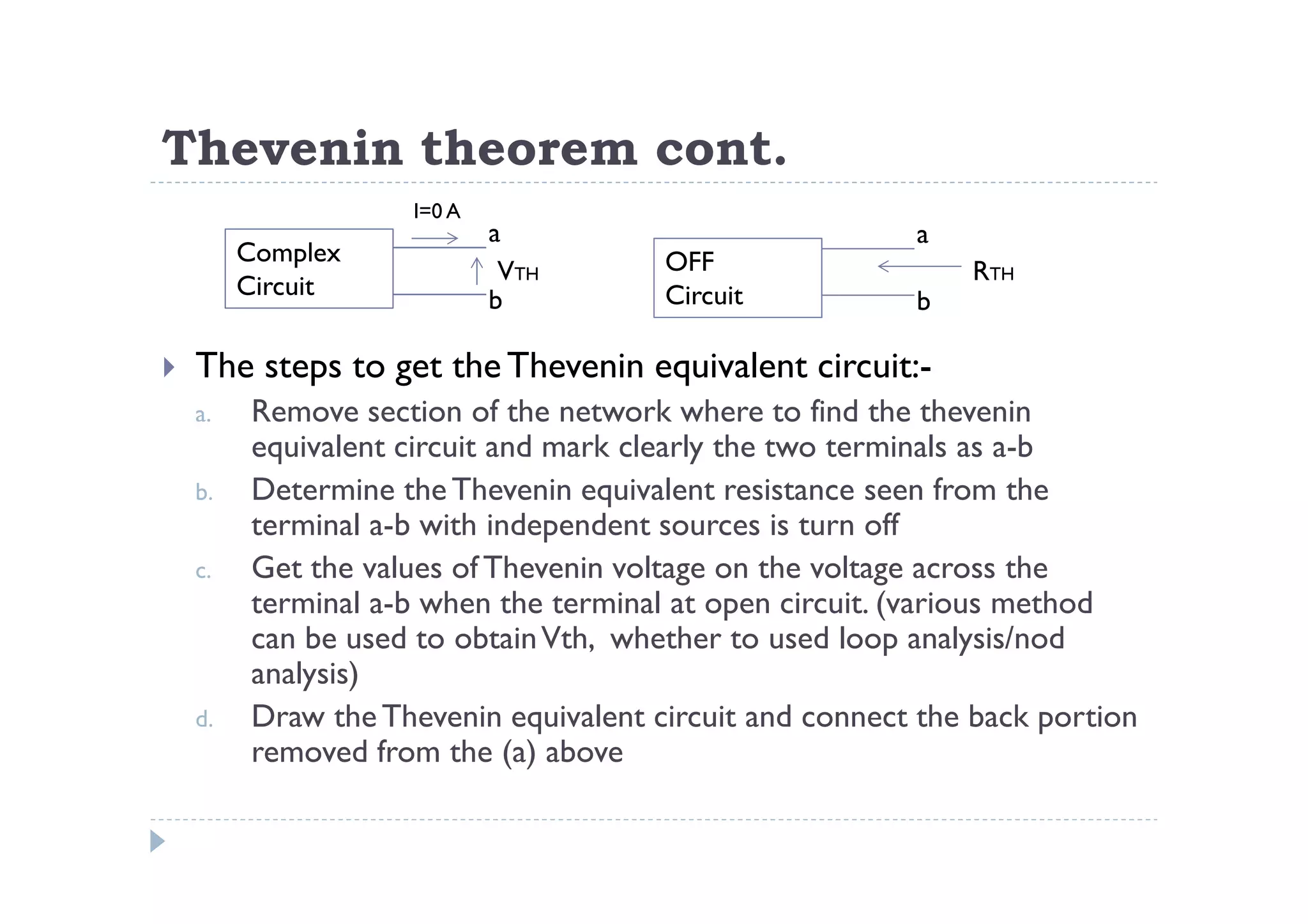 Thevenin theorem cont.
                  I=0 A
                          a                            a
      Complex                        OFF
                           VTH                             RTH
      Circuit             b          Circuit           b

 The steps to get the Thevenin equivalent circuit:-
 a.    Remove section of the network where to find the thevenin
       equivalent circuit and mark clearly the two terminals as a-b
 b.    Determine the Thevenin equivalent resistance seen from the
       terminal a-b with independent sources is turn off
 c.    Get the values of Thevenin voltage on the voltage across the
       terminal a-b when the terminal at open circuit. (various method
       can be used to obtain Vth, whether to used loop analysis/nod
       analysis)
 d.    Draw the Thevenin equivalent circuit and connect the back portion
       removed from the (a) above
 