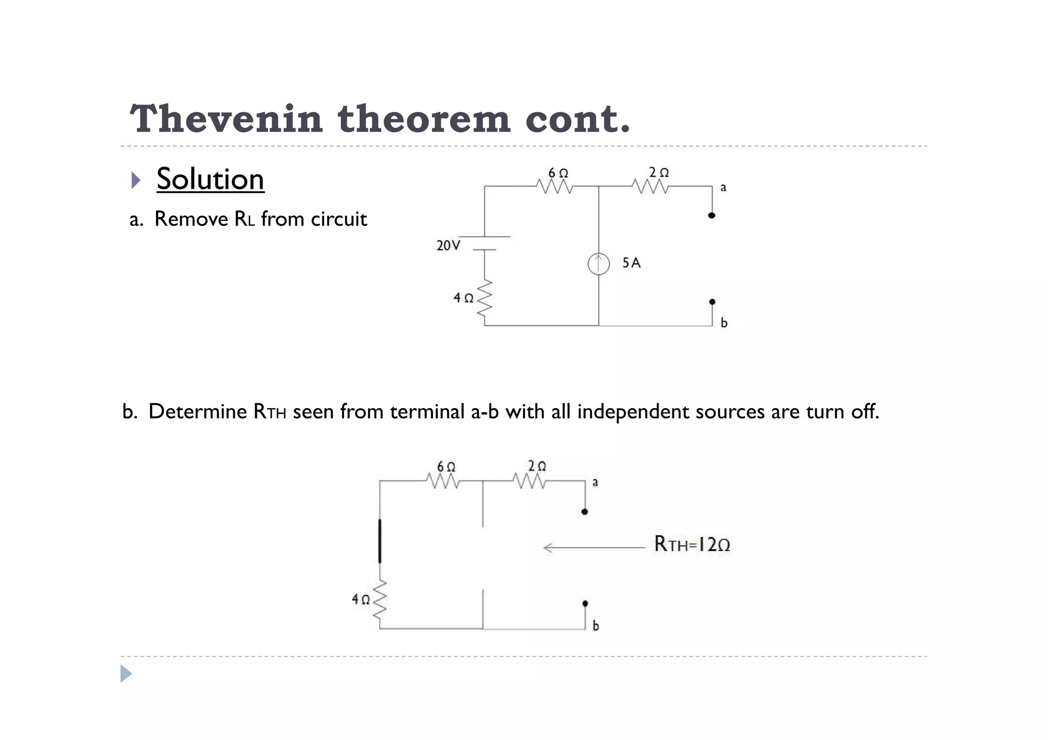 Thevenin theorem cont.
   Solution
a. Remove RL from circuit




b. Determine RTH seen from terminal a-b with all independent sources are turn off.
 