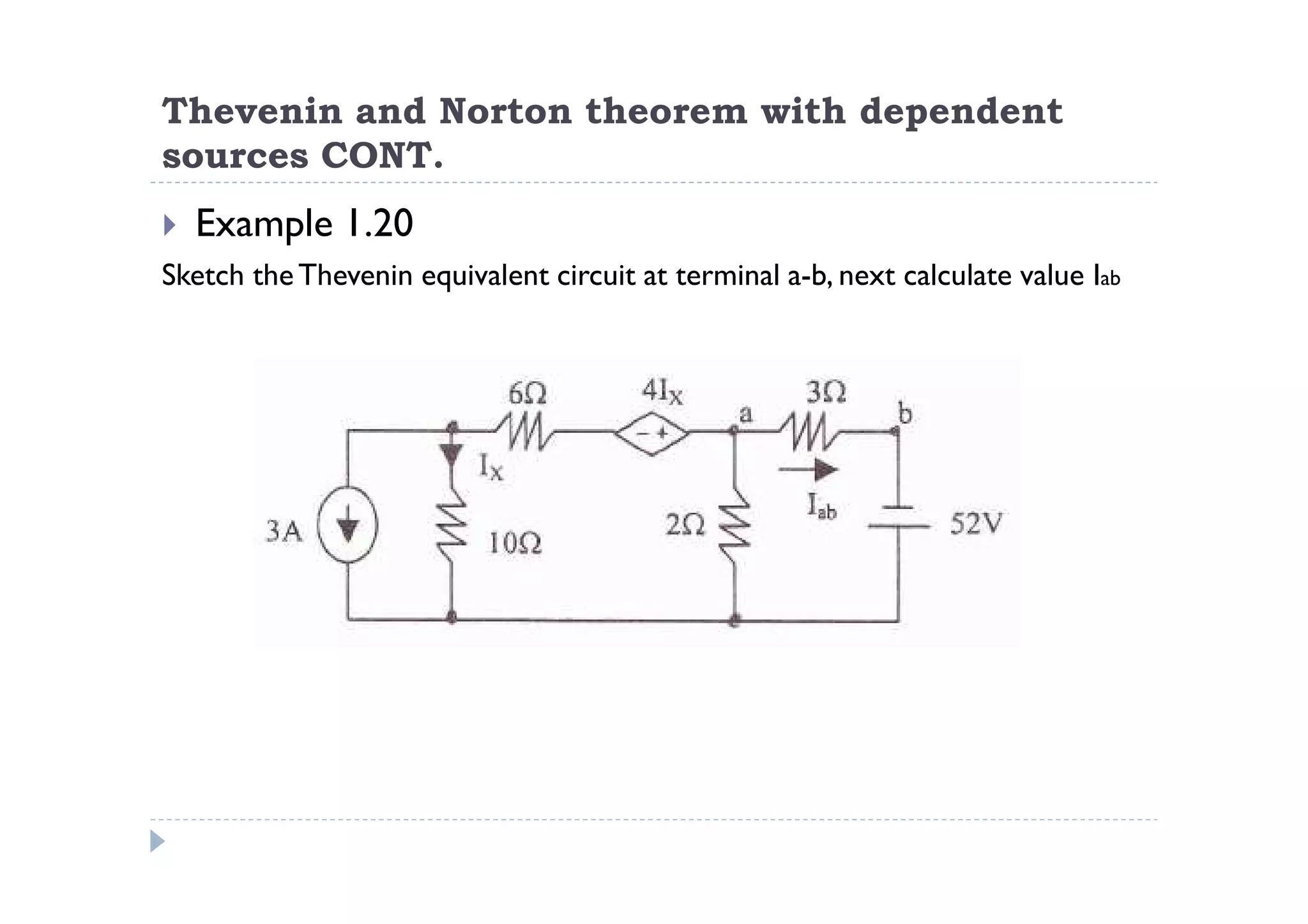 Thevenin and Norton theorem with dependent
sources CONT.
  Example 1.20
Sketch the Thevenin equivalent circuit at terminal a-b, next calculate value Iab
 