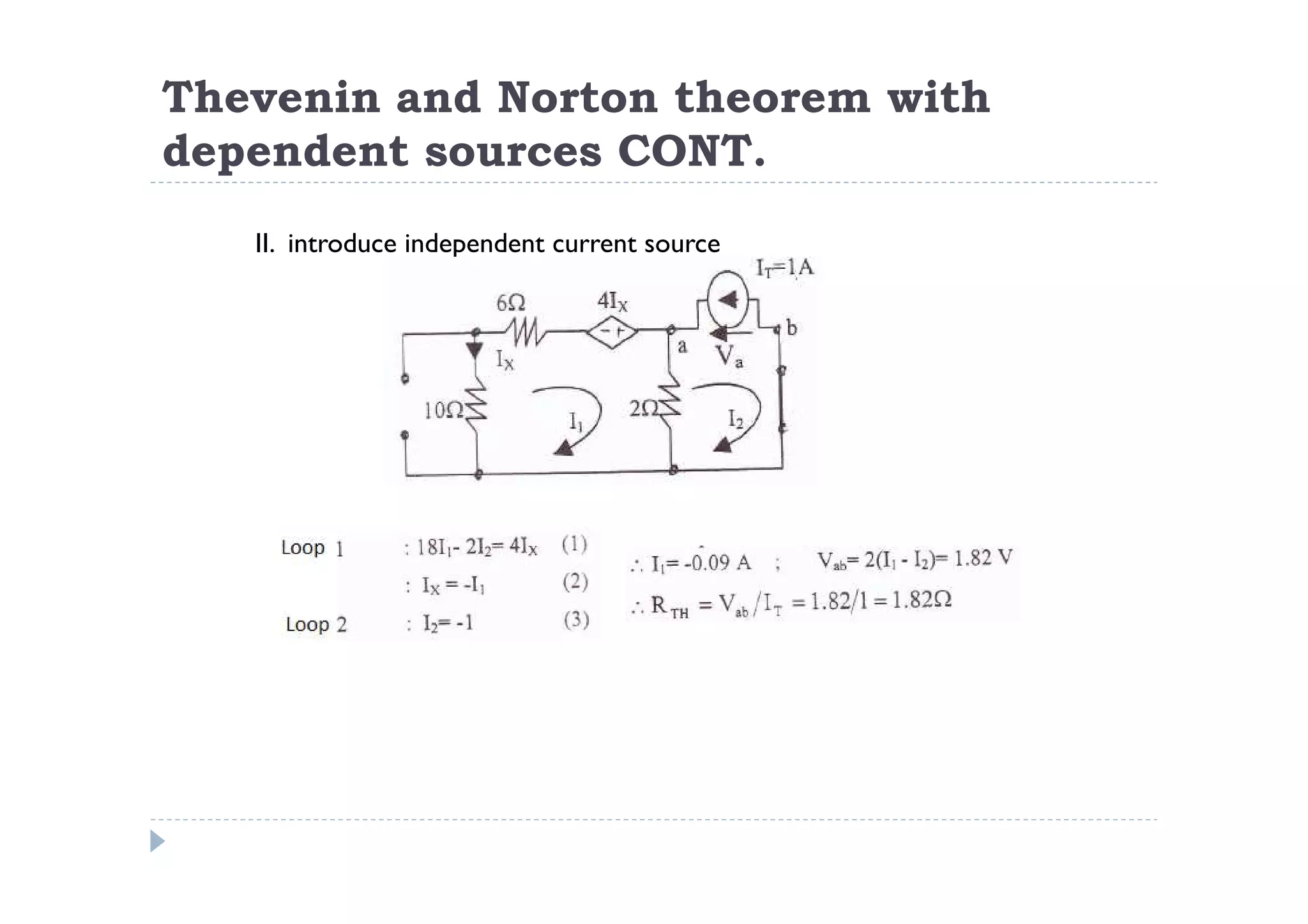 Thevenin and Norton theorem with
dependent sources CONT.
   II. introduce independent current source
 
