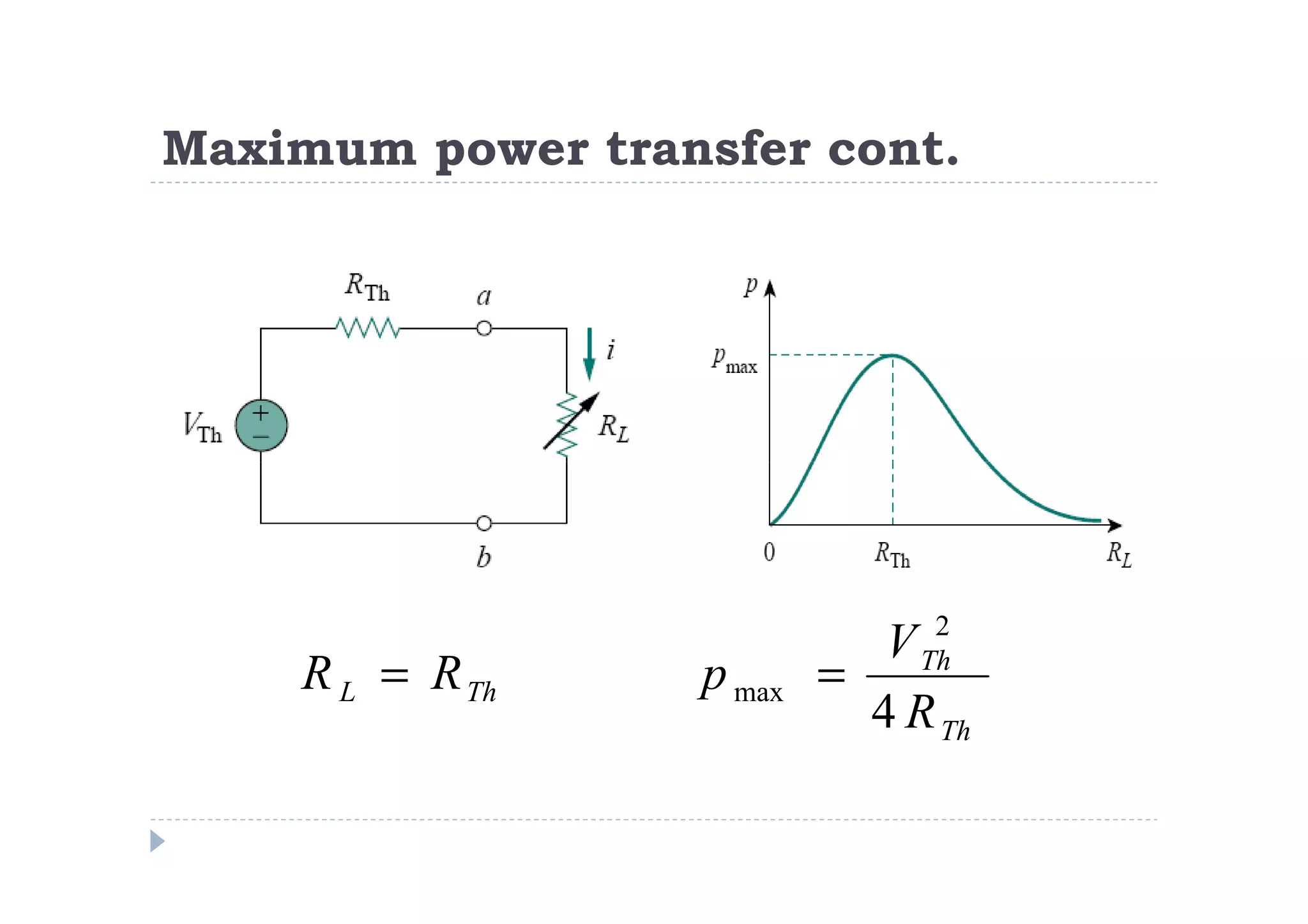 Maximum power transfer cont.




                                2
                             V Th
    R L = R Th    p max   =
                            4 R Th
 