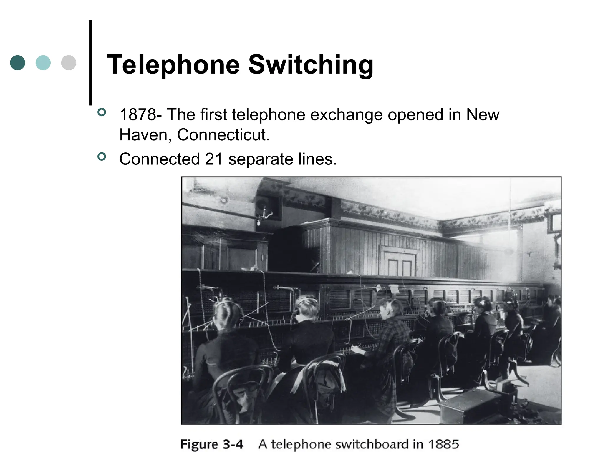 Telephone Switching
 1878- The first telephone exchange opened in New
Haven, Connecticut.
 Connected 21 separate lines.
 