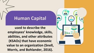 Human capital – is the term
used to describe the
employees’ knowledge, skills,
abilities, and other attributes
(KSAOs) that have economic
value to an organization (Snell,
Morris, and Bohlander, 2016).
Human Capital
 