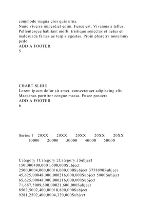 commodo magna eros quis urna.
Nunc viverra imperdiet enim. Fusce est. Vivamus a tellus.
Pellentesque habitant morbi tristique senectus et netus et
malesuada fames ac turpis egestas. Proin pharetra nonummy
pede
ADD A FOOTER
5
CHART SLIDE
Lorem ipsum dolor sit amet, consectetuer adipiscing elit.
Maecenas porttitor congue massa. Fusce posuere
ADD A FOOTER
6
Series 1 20XX 20XX 20XX 20XX 20XX
10000 20000 30000 40000 50000
Category 1Category 2Category 3Subject
150,000400,0001,600,000Subject
2500,0004,000,00016,000,000Subject 3758090Subject
45,625,00048,000,000216,000,000Subject 5000Subject
65,625,00048,000,000216,000,000Subject
71,687,5009,600,00021,600,000Subject
8562,5002,400,00010,800,000Subject
9281,2502,400,0004,320,000Subject
 