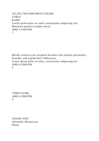 107,593,75052,800,000187,920,000
TABLE
SLIDE
Lorem ipsum dolor sit amet, consectetuer adipiscing elit.
Maecenas porttitor congue massa
ADD A FOOTER
7
Briefly contrast your assigned disorder with another personality
disorder, and explain their differences.
Lorem ipsum dolor sit amet, consectetuer adipiscing elit
ADD A FOOTER
8
VIDEO SLIDE
ADD A FOOTER
9
THANK YOU!
Alexander Martensson
Phone
 