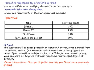 2
topic % of final grade
Exams I 25%
Exams II 25%
Final Exam 40%
Participation and project 10%
GRADING:
EXAMS:
The questions will be based primarily on lectures, however, some material from
the assigned reading (and not necessarily covered in class) may appear on
exams. Questions will be multiple choice, true/false, or short answer, essay.
Make up exams will be given orally and could have an increased degree of
difficulty.
•Please ask questions. Class participation may help you. Please share comments
or news
•You will be responsible for all material covered.
•Lectures will focus on clarifying the most important concepts.
•You should take notes during class.
•Exams will focus mainly on the most important concepts.
 
