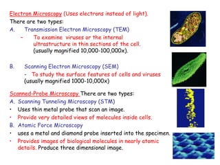 32
Electron Microscopy (Uses electrons instead of light).
There are two types:
A. Transmission Electron Microscopy (TEM)
– To examine viruses or the internal
ultrastructure in thin sections of the cell.
(usually magnified 10,000-100,000x).
B. Scanning Electron Microscopy (SEM)
- To study the surface features of cells and viruses
(usually magnified 1000-10,000x)
Scanned-Probe Microscopy There are two types:
A. Scanning Tunneling Microscopy (STM)
• Uses thin metal probe that scan an image.
• Provide very detailed views of molecules inside cells.
B. Atomic Force Microscopy
• uses a metal and diamond probe inserted into the specimen.
• Provides images of biological molecules in nearly atomic
details. Produce three dimensional image.
 