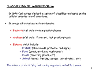 8
In 1978 Carl Woese devised a system of classification based on the
cellular organization of organisms.
• It groups all organisms in three domains:
– Bacteria (cell walls contain peptidoglycan)
– Archaea (Cell walls, if present, lack peptidoglycan)
– Eukarya which include:
– Protists (slime molds, protozoa, and algae)
– Fungi (yeast, mold, and mushrooms)
– Plants (flowering plants, etc)
– Animal (worms, insects, sponges, vertebrates, etc)
CLASSIFYING OF MICOROGNISM
The science of classifying and naming organisms called Taxonomy.
 
