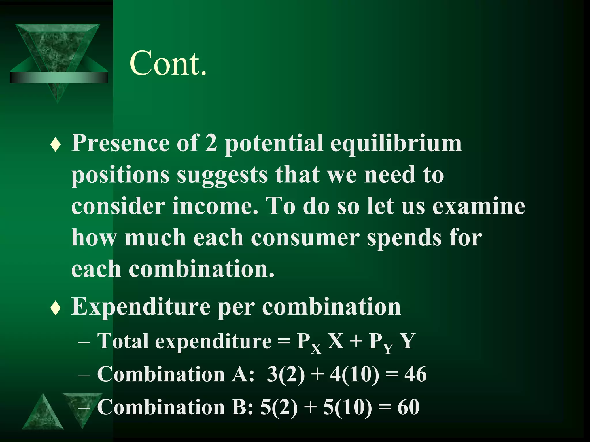 Cont.
 Presence of 2 potential equilibrium
positions suggests that we need to
consider income. To do so let us examine
how much each consumer spends for
each combination.
 Expenditure per combination
– Total expenditure = PX X + PY Y
– Combination A: 3(2) + 4(10) = 46
– Combination B: 5(2) + 5(10) = 60
 