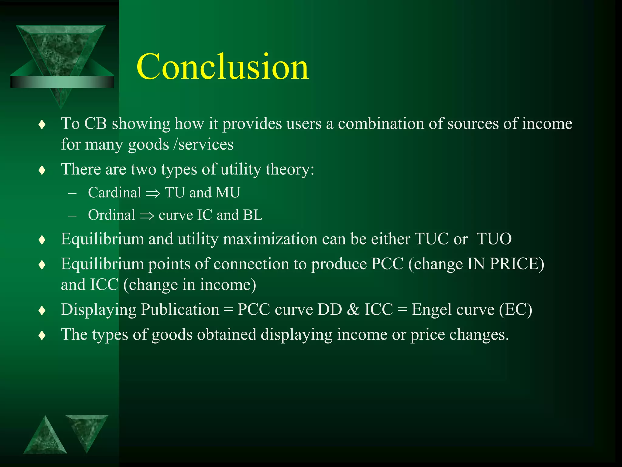 Conclusion
 To CB showing how it provides users a combination of sources of income
for many goods /services
 There are two types of utility theory:
– Cardinal  TU and MU
– Ordinal  curve IC and BL
 Equilibrium and utility maximization can be either TUC or TUO
 Equilibrium points of connection to produce PCC (change IN PRICE)
and ICC (change in income)
 Displaying Publication = PCC curve DD & ICC = Engel curve (EC)
 The types of goods obtained displaying income or price changes.
 