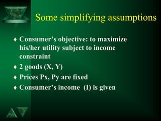 Some simplifying assumptions
 Consumer’s objective: to maximize
his/her utility subject to income
constraint
 2 goods (X, Y)
 Prices Px, Py are fixed
 Consumer’s income (I) is given
 