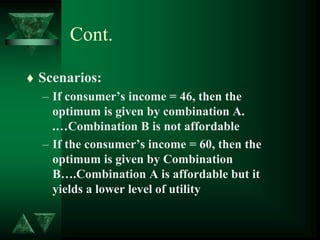 Cont.
 Scenarios:
– If consumer’s income = 46, then the
optimum is given by combination A.
.…Combination B is not affordable
– If the consumer’s income = 60, then the
optimum is given by Combination
B….Combination A is affordable but it
yields a lower level of utility
 