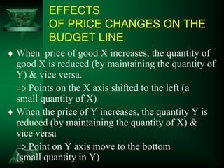 EFFECTS
OF PRICE CHANGES ON THE
BUDGET LINE
 When price of good X increases, the quantity of
good X is reduced (by maintaining the quantity of
Y) & vice versa.
 Points on the X axis shifted to the left (a
small quantity of X)
 When the price of Y increases, the quantity Y is
reduced (by maintaining the quantity of X) &
vice versa
 Point on Y axis move to the bottom
(small quantity in Y)
 