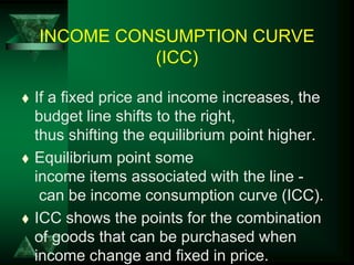 INCOME CONSUMPTION CURVE
(ICC)
 If a fixed price and income increases, the
budget line shifts to the right,
thus shifting the equilibrium point higher.
 Equilibrium point some
income items associated with the line -
can be income consumption curve (ICC).
 ICC shows the points for the combination
of goods that can be purchased when
income change and fixed in price.
 