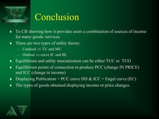 Conclusion
 To CB showing how it provides users a combination of sources of income
for many goods /services
 There are two types of utility theory:
– Cardinal  TU and MU
– Ordinal  curve IC and BL
 Equilibrium and utility maximization can be either TUC or TUO
 Equilibrium points of connection to produce PCC (change IN PRICE)
and ICC (change in income)
 Displaying Publication = PCC curve DD & ICC = Engel curve (EC)
 The types of goods obtained displaying income or price changes.
 