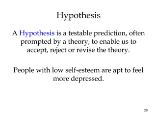 20
A Hypothesis is a testable prediction, often
prompted by a theory, to enable us to
accept, reject or revise the theory.
People with low self-esteem are apt to feel
more depressed.
Hypothesis
 