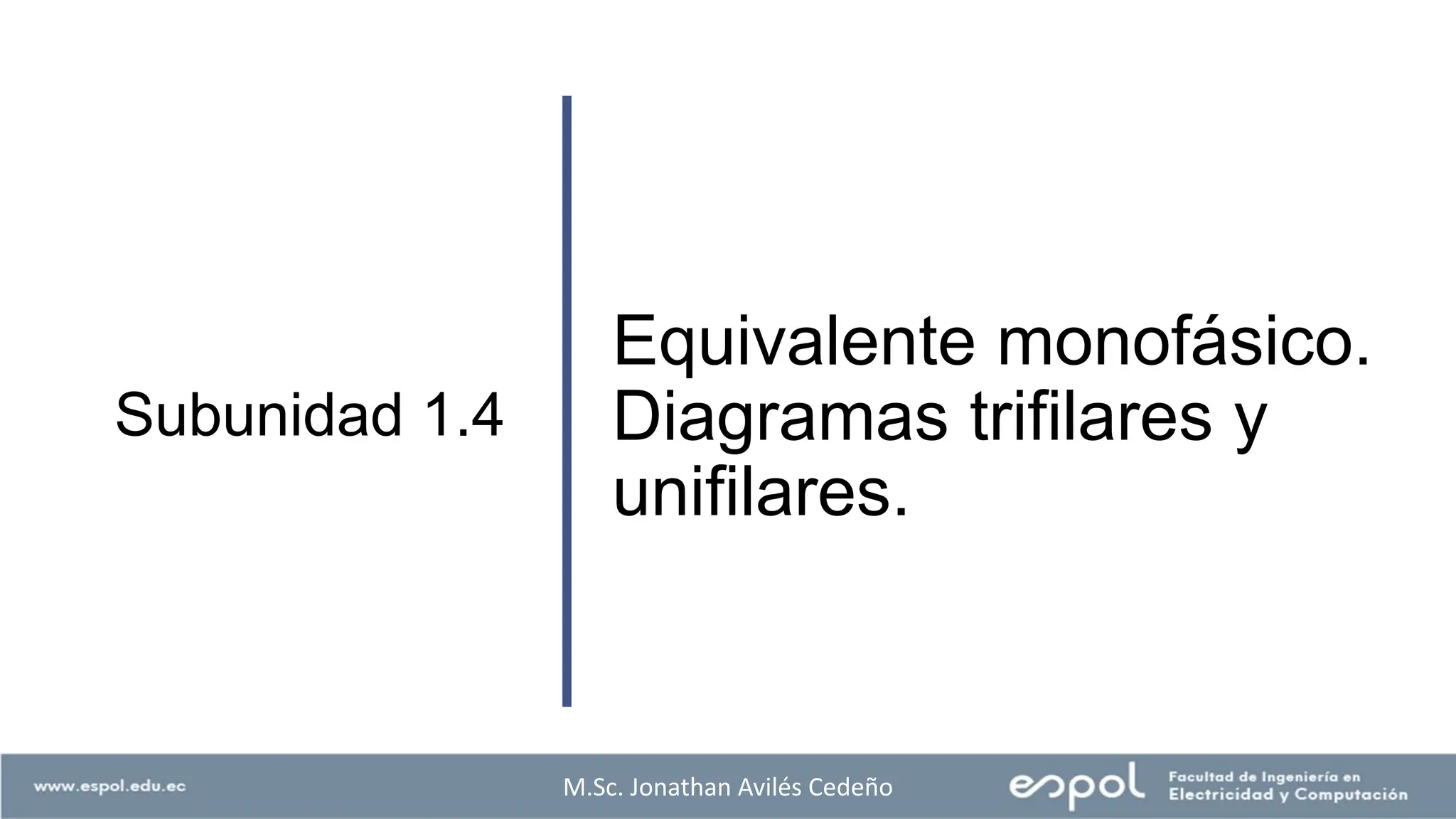 Equivalente monofásico.
Diagramas trifilares y
unifilares.
Subunidad 1.4
M.Sc. Jonathan Avilés Cedeño
 
