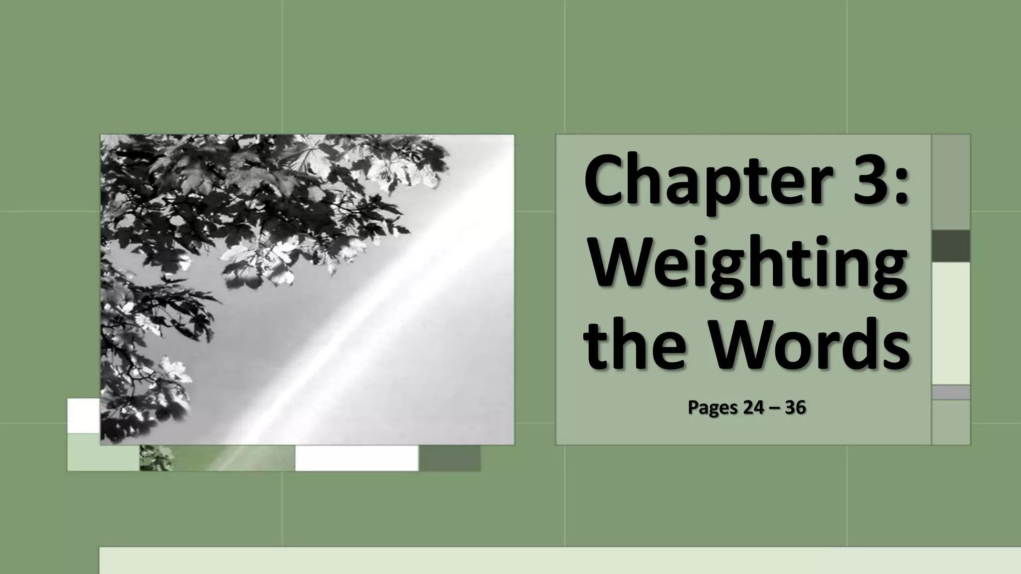Chapter 3:
Weighting
the Words
Pages 24 – 36
 