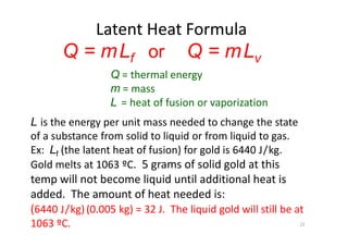 22
Latent Heat Formula
L is the energy per unit mass needed to change the state
of a substance from solid to liquid or fro...
