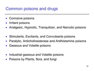 Common poisons and drugs
 Corrosive poisons
 Irritant poisons
 Analgesic, Hypnotic, Tranquilizer, and Narcotic poisons
 Stimulants, Excitants, and Convulsants poisons
 Paralytic, Anticholinesterase and Antihistamine poisons
 Gaseous and Volatile poisons
 Industrial gaseous and Volatile poisons
 Poisons by Plants, flora, and fungi
64
 