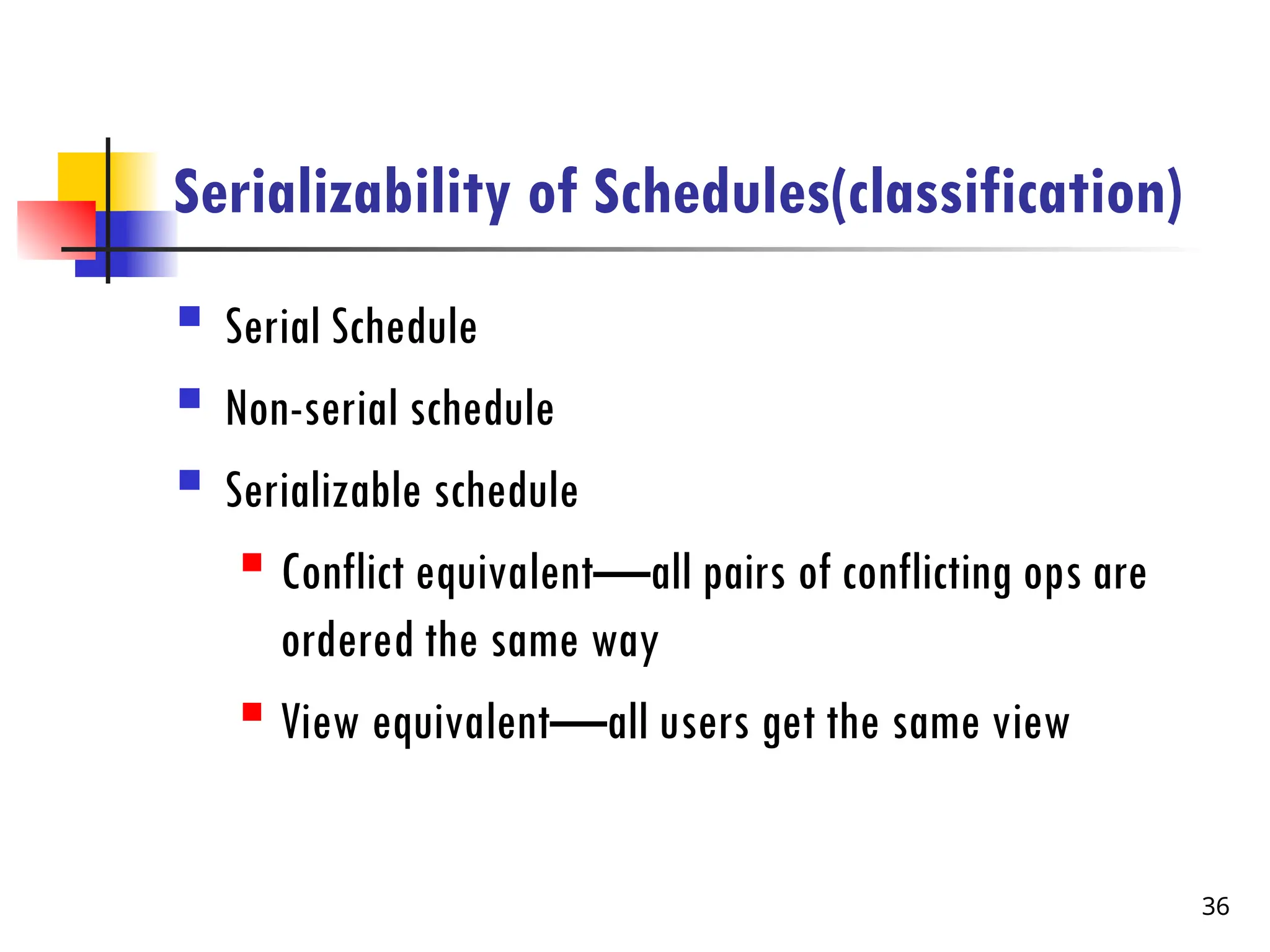 Serializability of Schedules(classification)
 Serial Schedule
 Non-serial schedule
 Serializable schedule
 Conflict equivalent—all pairs of conflicting ops are
ordered the same way
 View equivalent—all users get the same view
36
 