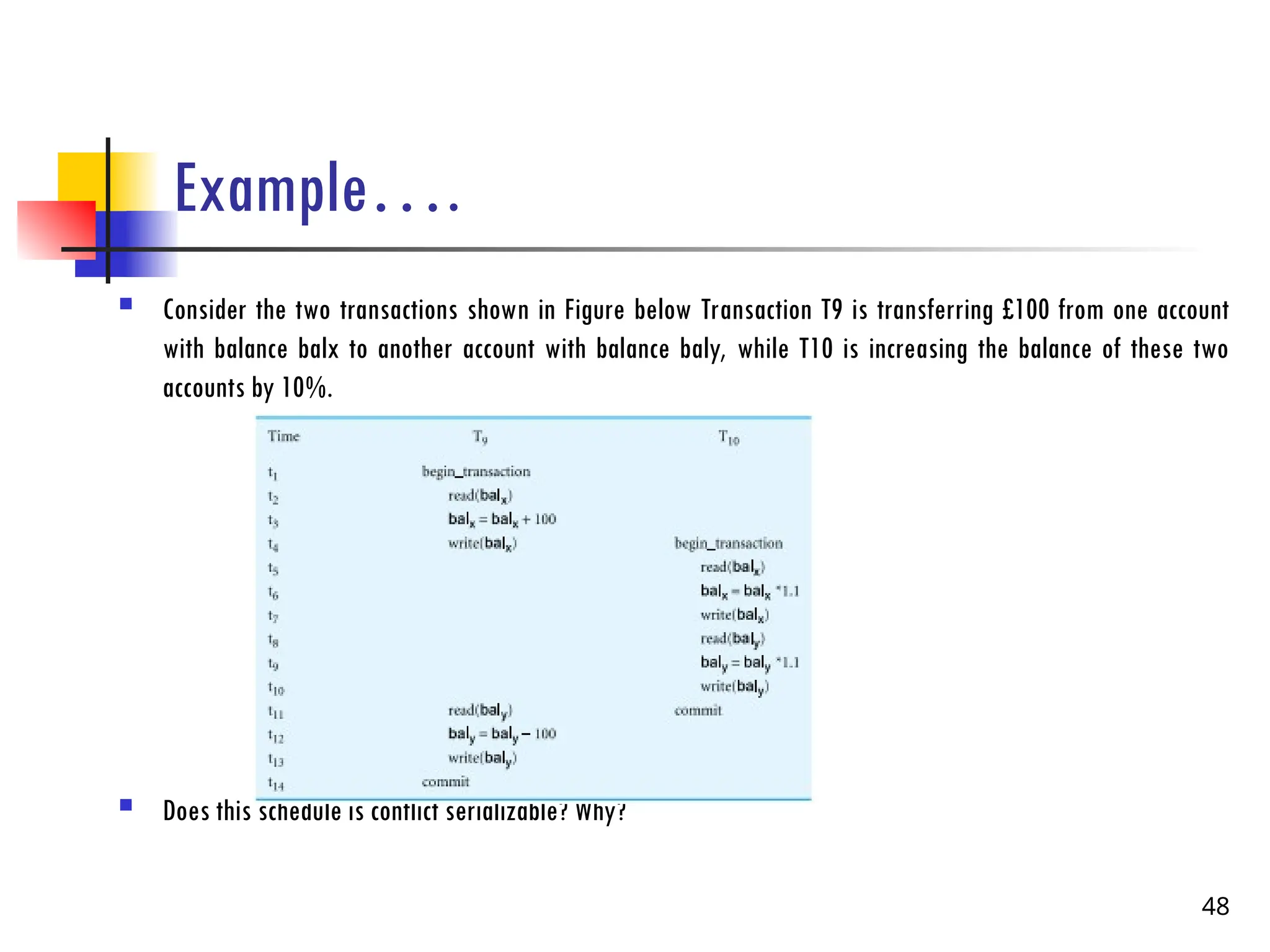 Example….
 Consider the two transactions shown in Figure below Transaction T9 is transferring £100 from one account
with balance balx to another account with balance baly, while T10 is increasing the balance of these two
accounts by 10%.
 Does this schedule is conflict serializable? Why?
48
 