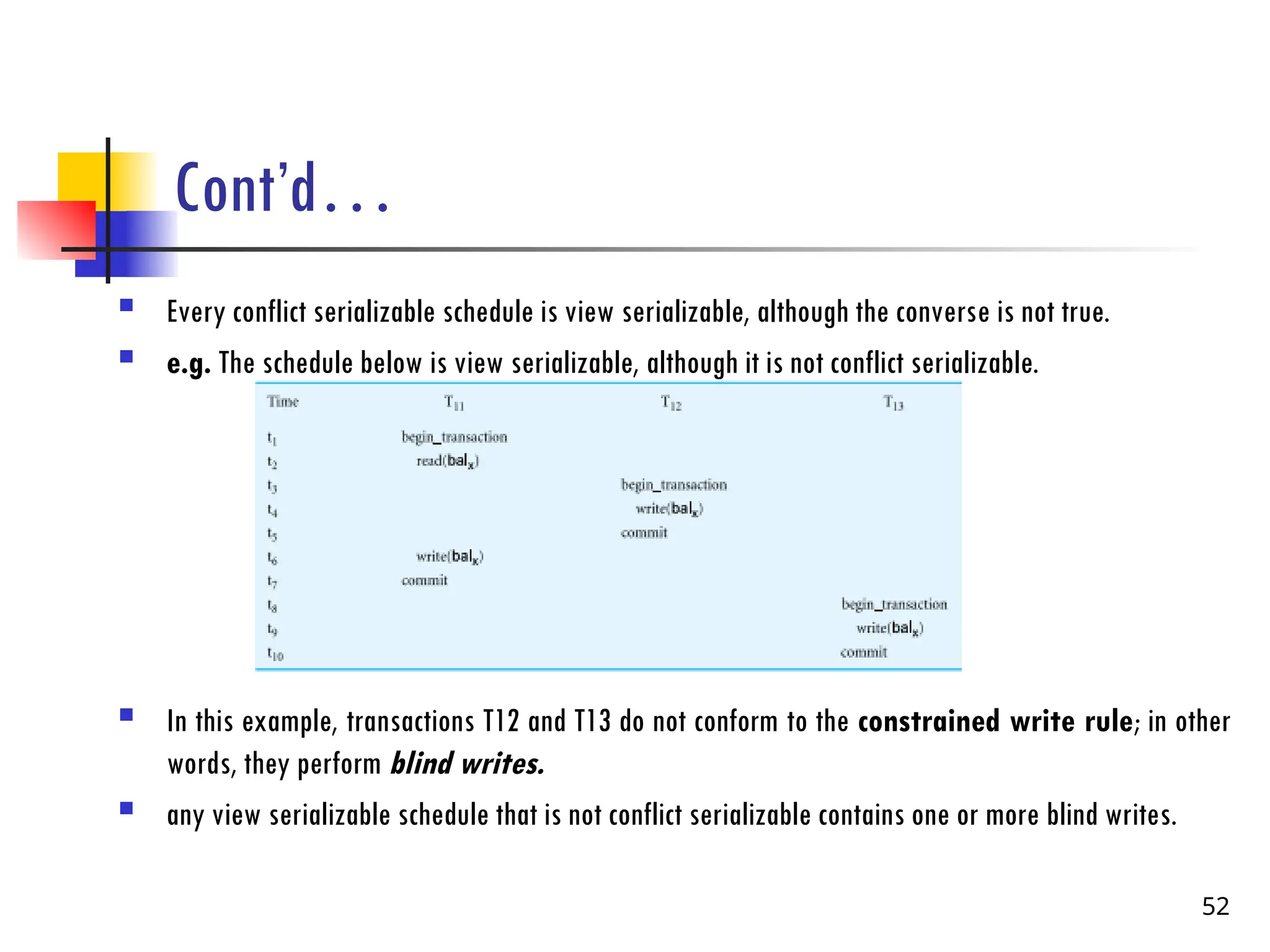 Cont’d…
 Every conflict serializable schedule is view serializable, although the converse is not true.
 e.g. The schedule below is view serializable, although it is not conflict serializable.
 In this example, transactions T12 and T13 do not conform to the constrained write rule; in other
words, they perform blind writes.
 any view serializable schedule that is not conflict serializable contains one or more blind writes.
52
 