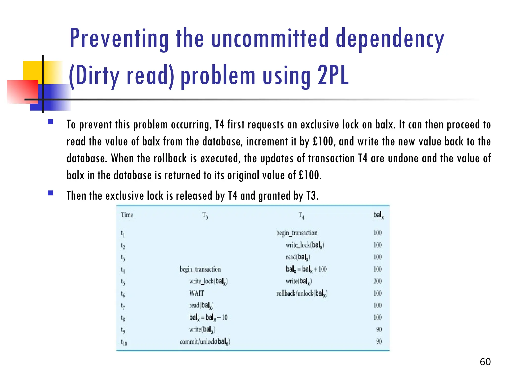 Preventing the uncommitted dependency
(Dirty read) problem using 2PL
 To prevent this problem occurring, T4 first requests an exclusive lock on balx. It can then proceed to
read the value of balx from the database, increment it by £100, and write the new value back to the
database. When the rollback is executed, the updates of transaction T4 are undone and the value of
balx in the database is returned to its original value of £100.
 Then the exclusive lock is released by T4 and granted by T3.
60
 