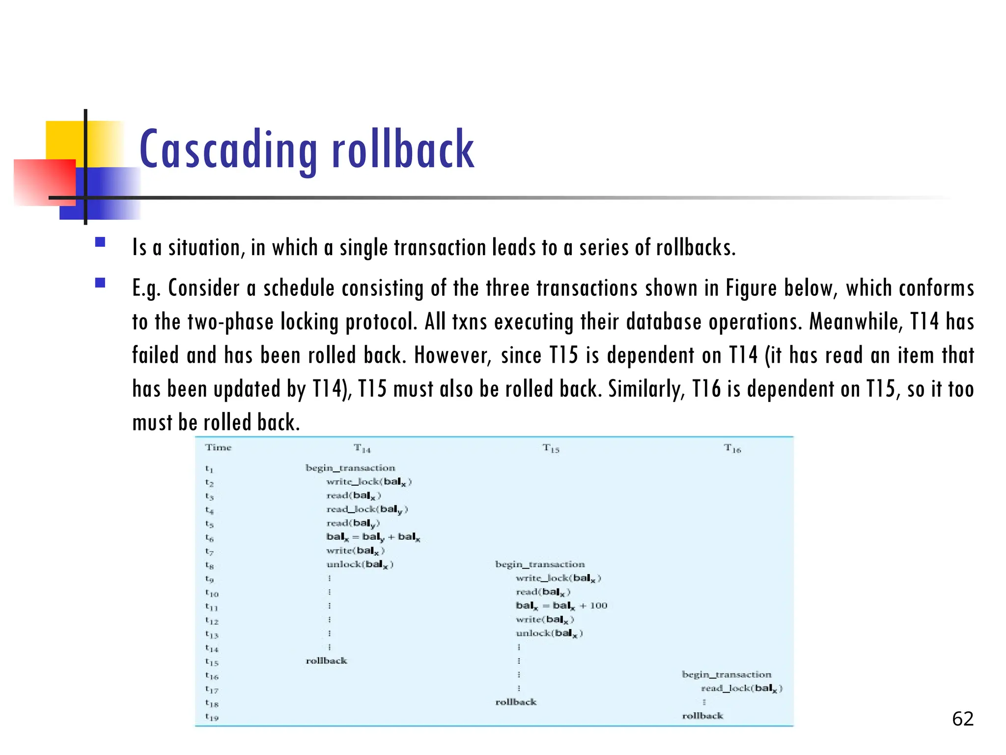 Cascading rollback
 Is a situation, in which a single transaction leads to a series of rollbacks.
 E.g. Consider a schedule consisting of the three transactions shown in Figure below, which conforms
to the two-phase locking protocol. All txns executing their database operations. Meanwhile, T14 has
failed and has been rolled back. However, since T15 is dependent on T14 (it has read an item that
has been updated by T14), T15 must also be rolled back. Similarly, T16 is dependent on T15, so it too
must be rolled back.
62
 