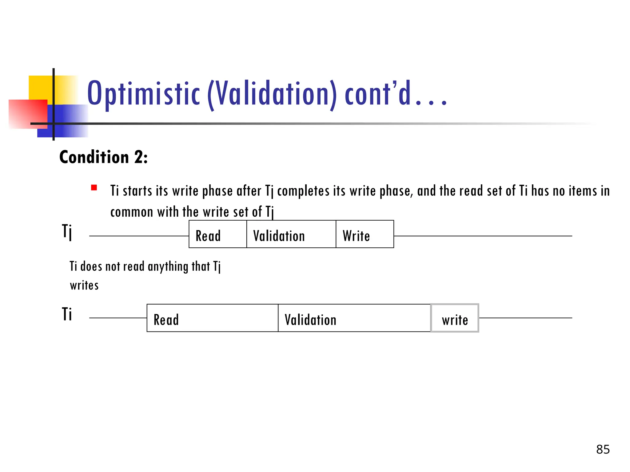Optimistic (Validation) cont’d…
Condition 2:
 Ti starts its write phase after Tj completes its write phase, and the read set of Ti has no items in
common with the write set of Tj
85
Tj
Ti
Read Validation Write
Read Validation write
Ti does not read anything that Tj
writes
 