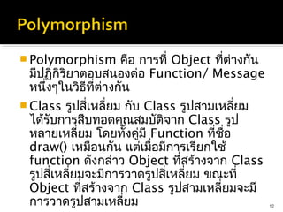  Polymorphism       คือ การที่ Object ที่ต่างกัน
 มีปฏิกิริยาตอบสนองต่อ Function/ Message
 หนึ่งๆในวิธีที่ต่างกัน
 Class  รูปสีเหลี่ยม กับ Class รูปสามเหลี่ยม
              ่
 ได้รับการสืบทอดคุณสมบัติจาก Class รูป
 หลายเหลี่ยม โดยทั้งคูมี Function ที่ชื่อ
                         ่
 draw() เหมือนกัน แต่เมื่อมีการเรียกใช้
 function ดังกล่าว Object ที่สร้างจาก Class
 รูปสี่เหลี่ยมจะมีการวาดรูปสี่เหลี่ยม ขณะที่
 Object ที่สร้างจาก Class รูปสามเหลี่ยมจะมี
 การวาดรูปสามเหลี่ยม                                12
 