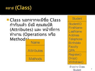 Student
 Class นอกจากจะมีชอ Class
                       ื่
 กำากับแล้ว ยังมี คุณสมบัติ    StudentID
                               FirstName
 (Attributes) และ หน้าที่การ   LastName
 ทำางาน (Operations หรือ       Address
 Methods)                      Telephone
            Name               Birthdate
                               Faculty
          Attributes           GPA
                               Register()
          Methods              Drop()
                               Withdraw()
                               ตัวอย่าง Class
                                                7
                                  Student
 