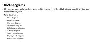 • UML Diagrams
• All the elements, relationships are used to make a complete UML diagram and the diagram
represents a system.
• Nine diagrams.
• Class diagram
• Object diagram
• Use case diagram
• Sequence diagram
• Collaboration diagram
• Activity diagram
• State chart diagram
• Deployment diagram
• Component diagram
 