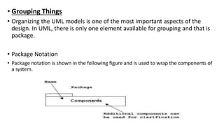 • Grouping Things
• Organizing the UML models is one of the most important aspects of the
design. In UML, there is only one element available for grouping and that is
package.
• Package Notation
• Package notation is shown in the following figure and is used to wrap the components of
a system.
 