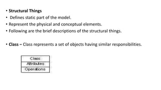 • Structural Things
• Defines static part of the model.
• Represent the physical and conceptual elements.
• Following are the brief descriptions of the structural things.
• Class − Class represents a set of objects having similar responsibilities.
 