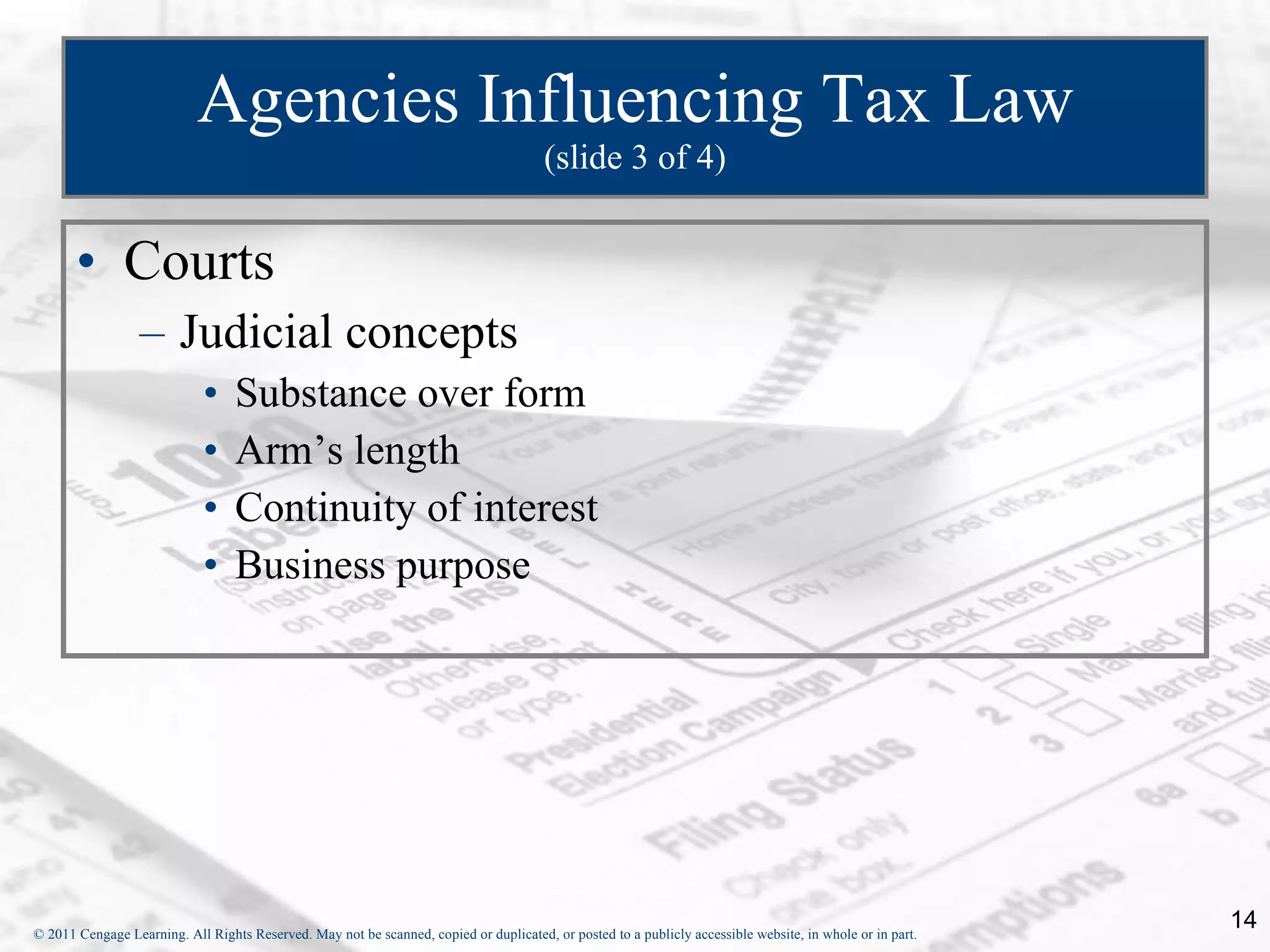 Agencies Influencing Tax Law (slide 3 of 4) Courts Judicial concepts Substance over form Arm’s length  Continuity of interest Business purpose 