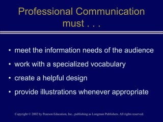 Copyright © 2002 by Pearson Education, Inc., publishing as Longman Publishers. All rights reserved.
Professional Communication
must . . .
• meet the information needs of the audience
• work with a specialized vocabulary
• create a helpful design
• provide illustrations whenever appropriate
 