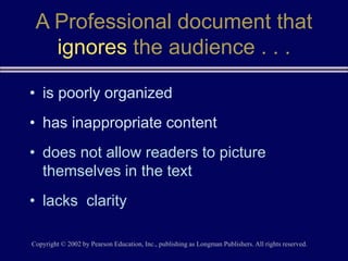 Copyright © 2002 by Pearson Education, Inc., publishing as Longman Publishers. All rights reserved.
A Professional document that
ignores the audience . . .
• is poorly organized
• has inappropriate content
• does not allow readers to picture
themselves in the text
• lacks clarity
 