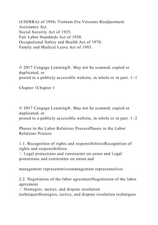 (USERRA) of 1994; Vietnam Era Veterans Readjustment
Assistance Act.
Social Security Act of 1935.
Fair Labor Standards Act of 1938.
Occupational Safety and Health Act of 1970.
Family and Medical Leave Act of 1993.
© 2017 Cengage Learning®. May not be scanned, copied or
duplicated, or
posted to a publicly accessible website, in whole or in part. 1–1
Chapter 1Chapter 1
© 2017 Cengage Learning®. May not be scanned, copied or
duplicated, or
posted to a publicly accessible website, in whole or in part. 1–2
Phases in the Labor Relations ProcessPhases in the Labor
Relations Process
1.1. Recognition of rights and responsibilitiesRecognition of
rights and responsibilities
protections and constraints on union and
management representativesmanagement representatives
2.2. Negotiation of the labor agreementNegotiation of the labor
agreement
techniquesStrategies, tactics, and dispute resolution techniques
 