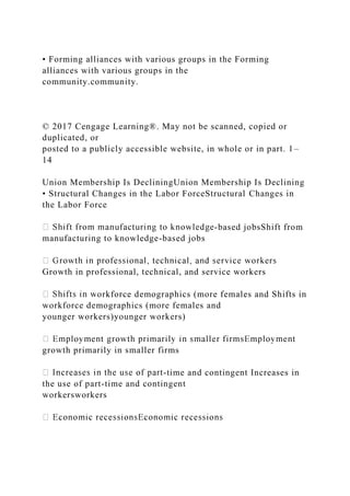 • Forming alliances with various groups in the Forming
alliances with various groups in the
community.community.
© 2017 Cengage Learning®. May not be scanned, copied or
duplicated, or
posted to a publicly accessible website, in whole or in part. 1–
14
Union Membership Is DecliningUnion Membership Is Declining
• Structural Changes in the Labor ForceStructural Changes in
the Labor Force
-based jobsShift from
manufacturing to knowledge-based jobs
Growth in professional, technical, and service workers
orkforce demographics (more females and Shifts in
workforce demographics (more females and
younger workers)younger workers)
growth primarily in smaller firms
-time and contingent Increases in
the use of part-time and contingent
workersworkers
 
