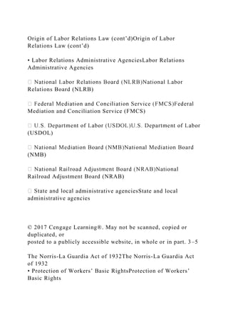 Origin of Labor Relations Law (cont’d)Origin of Labor
Relations Law (cont’d)
• Labor Relations Administrative AgenciesLabor Relations
Administrative Agencies
Relations Board (NLRB)
Mediation and Conciliation Service (FMCS)
(USDOL)
(NMB)
Railroad Adjustment Board (NRAB)
administrative agenciesState and local
administrative agencies
© 2017 Cengage Learning®. May not be scanned, copied or
duplicated, or
posted to a publicly accessible website, in whole or in part. 3–5
The Norris-La Guardia Act of 1932The Norris-La Guardia Act
of 1932
• Protection of Workers’ Basic RightsProtection of Workers’
Basic Rights
 