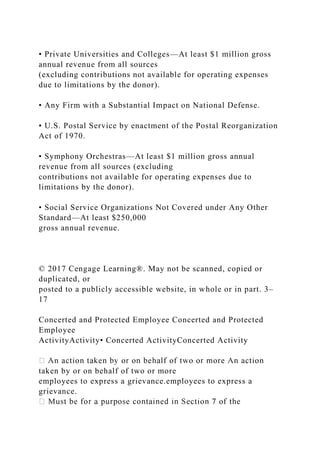• Private Universities and Colleges—At least $1 million gross
annual revenue from all sources
(excluding contributions not available for operating expenses
due to limitations by the donor).
• Any Firm with a Substantial Impact on National Defense.
• U.S. Postal Service by enactment of the Postal Reorganization
Act of 1970.
• Symphony Orchestras—At least $1 million gross annual
revenue from all sources (excluding
contributions not available for operating expenses due to
limitations by the donor).
• Social Service Organizations Not Covered under Any Other
Standard—At least $250,000
gross annual revenue.
© 2017 Cengage Learning®. May not be scanned, copied or
duplicated, or
posted to a publicly accessible website, in whole or in part. 3–
17
Concerted and Protected Employee Concerted and Protected
Employee
ActivityActivity• Concerted ActivityConcerted Activity
taken by or on behalf of two or more
employees to express a grievance.employees to express a
grievance.
 